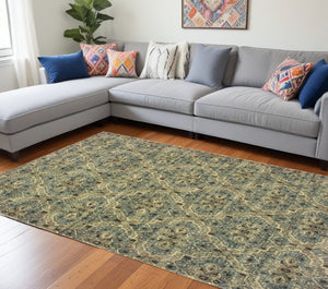 HomeRoots 10' Ivory and Blue Geometric Area Rug - Boho-Moroccan Style, Soft, Stain-Resistant, Durable Design 10' X 13' 388733