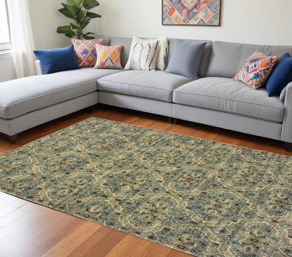HomeRoots 10' Ivory and Blue Geometric Area Rug - Boho-Moroccan Style, Soft, Stain-Resistant, Durable Design 10' X 13' 388733
