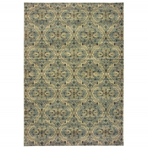 HomeRoots 10' Ivory and Blue Geometric Area Rug - Boho-Moroccan Style, Soft, Stain-Resistant, Durable Design 10' X 13' 388733