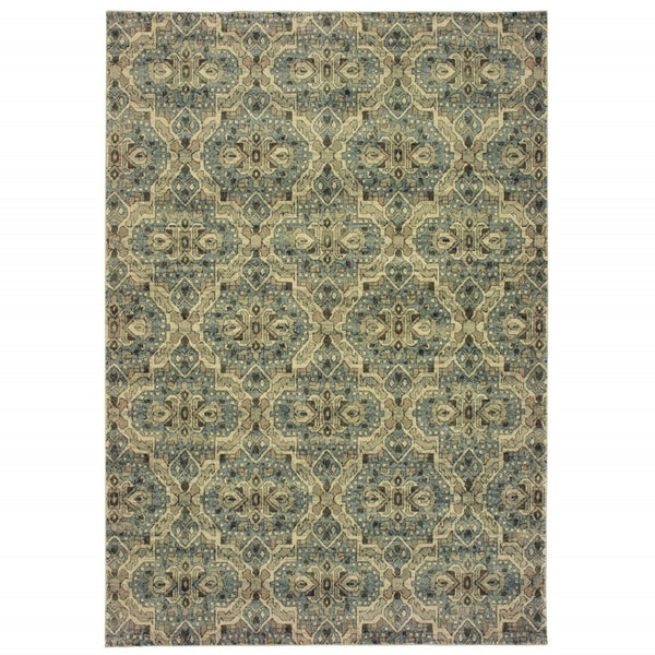 HomeRoots 10' Ivory and Blue Geometric Area Rug - Boho-Moroccan Style, Soft, Stain-Resistant, Durable Design 10' X 13' 388733