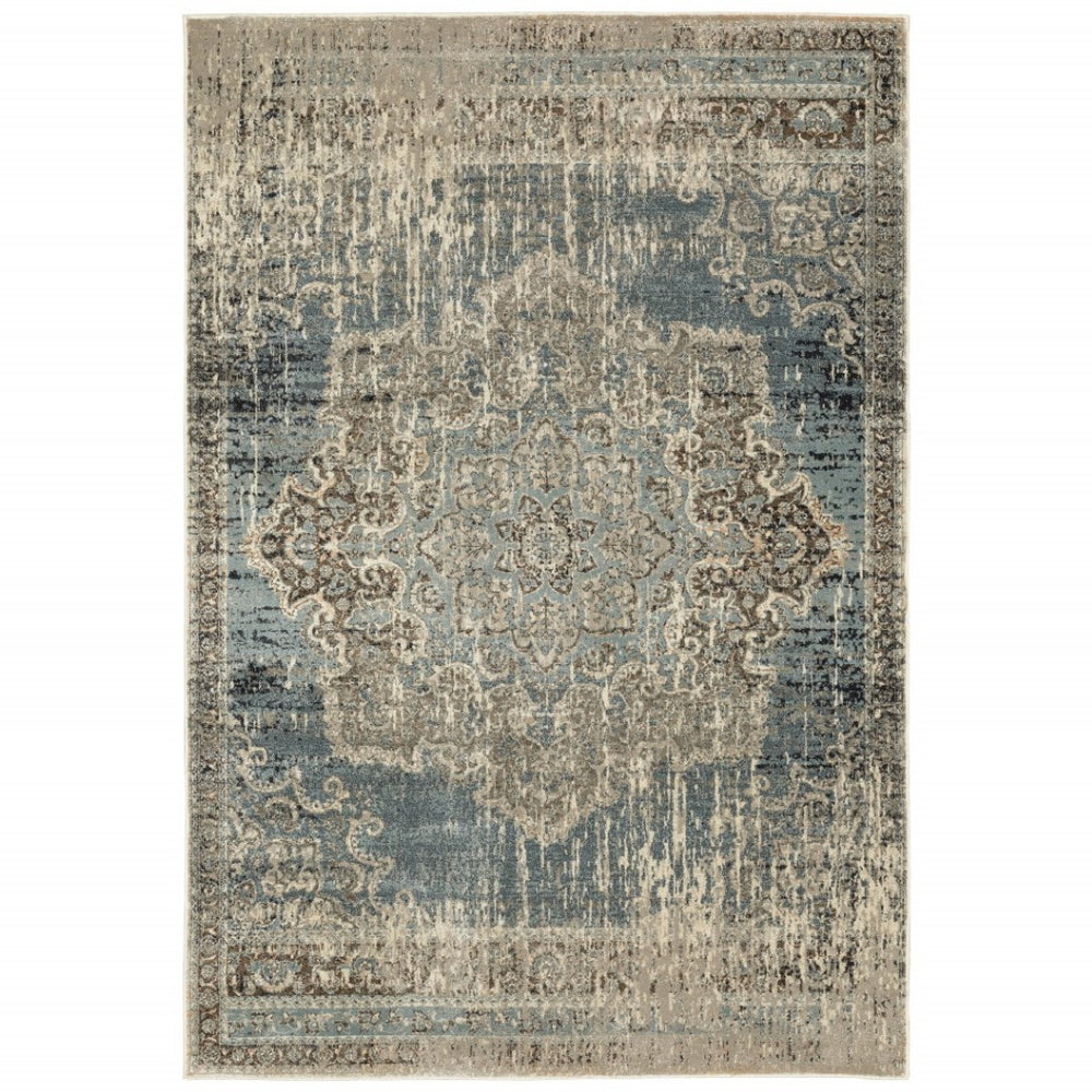 HomeRoots 10' Blue and Ivory Medallion Area Rug - Classic Persian Charm for Stylish, High-Traffic Spaces 9'10" x 12'10" 388739