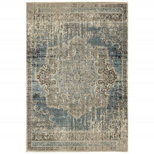HomeRoots 10' Blue and Ivory Medallion Area Rug - Classic Persian Charm for Stylish, High-Traffic Spaces 9'10" x 12'10" 388739