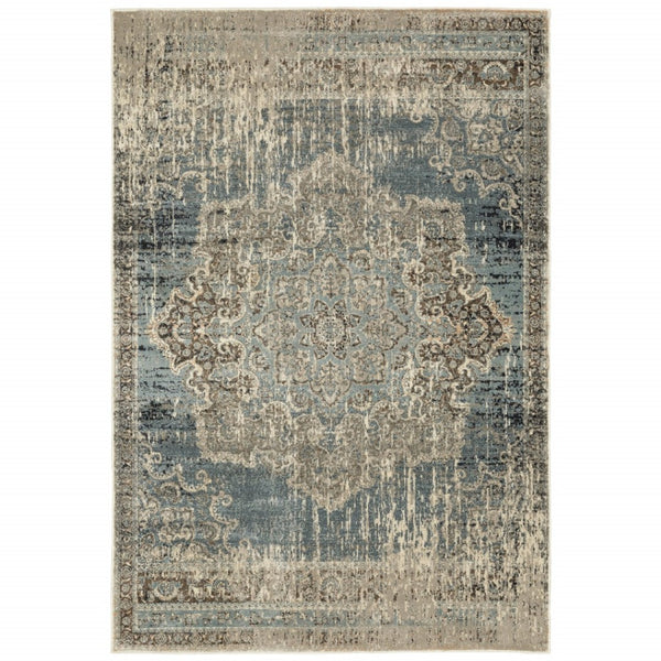 HomeRoots 10' Blue and Ivory Medallion Area Rug - Classic Persian Charm for Stylish, High-Traffic Spaces 9'10" x 12'10" 388739