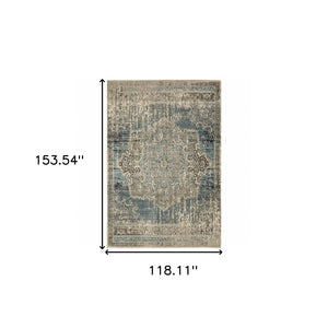 HomeRoots 10' Blue and Ivory Medallion Area Rug - Classic Persian Charm for Stylish, High-Traffic Spaces 9'10" x 12'10" 388739