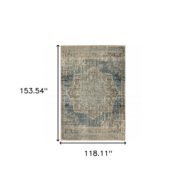 HomeRoots 10' Blue and Ivory Medallion Area Rug - Classic Persian Charm for Stylish, High-Traffic Spaces 9'10" x 12'10" 388739