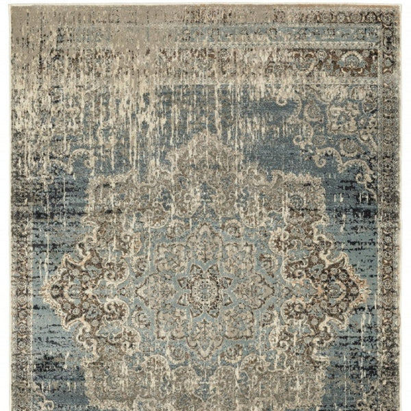 HomeRoots 10' Blue and Ivory Medallion Area Rug - Classic Persian Charm for Stylish, High-Traffic Spaces 9'10" x 12'10" 388739