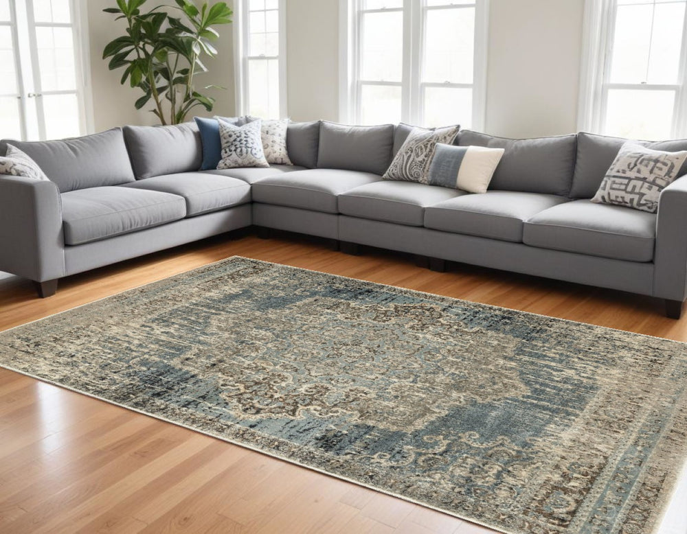 HomeRoots 10' Blue and Ivory Medallion Area Rug - Classic Persian Charm for Stylish, High-Traffic Spaces 9'10" x 12'10" 388739