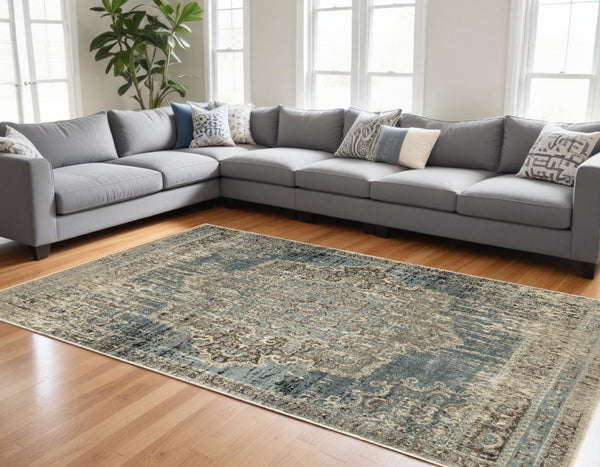 HomeRoots 10' Blue and Ivory Medallion Area Rug - Classic Persian Charm for Stylish, High-Traffic Spaces 9'10" x 12'10" 388739