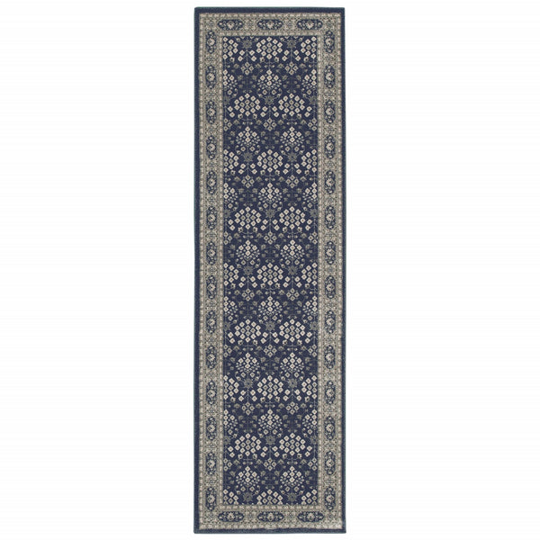 Homeroots 2' X 8' Navy And Gray Floral Ditsy Runner Rug Navy,Grey Polypropylene 388740