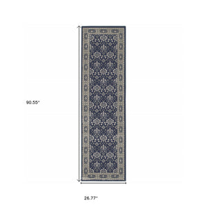 Homeroots 2' X 8' Navy And Gray Floral Ditsy Runner Rug Navy,Grey Polypropylene 388740