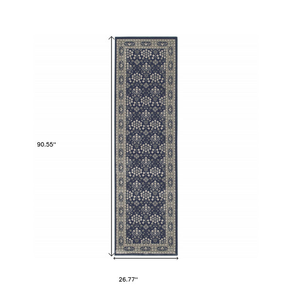 Homeroots 2' X 8' Navy And Gray Floral Ditsy Runner Rug Navy,Grey Polypropylene 388740