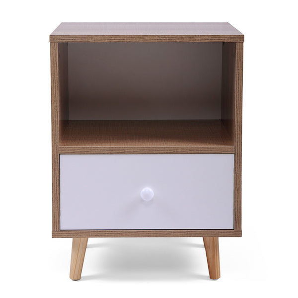 English Elm Set of 2 Mid Century Nightstands with Drawer & Shelf, Natural White Accent Tables for Bedroom Living Room W2181P357558