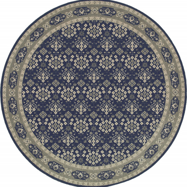 Homeroots 8’ Round Navy And Gray Floral Ditsy Area Rug Navy,Grey Polypropylene 388745