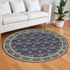 Homeroots 8’ Round Navy And Gray Floral Ditsy Area Rug Navy,Grey Polypropylene 388745