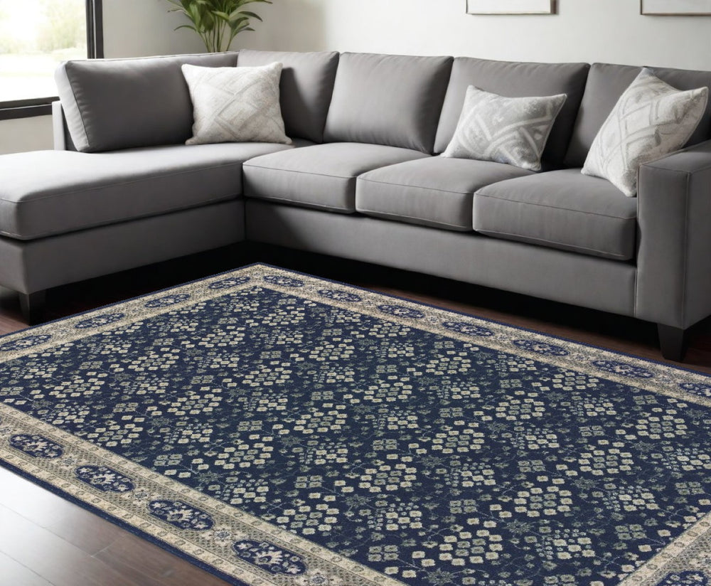HomeRoots 10' Timeless Floral Ditsy Area Rug – Elegant Navy and Gray Design for Modern Living Spaces, Durable & Soft Navy/ Grey 12' x 15' 388747