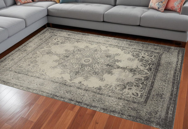 HomeRoots 10' X 13' Ivory and Gray Medallion Area Rug - Elegant, Soft, Durable Design for Modern Living Spaces 12' x 15' 388755