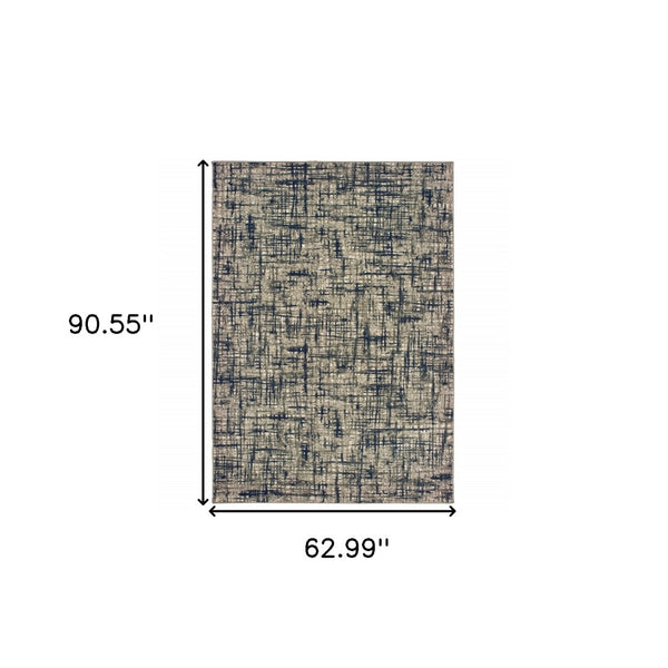 HomeRoots 5' Abstract Area Rug - Contemporary Distressed-Grid Design for Stylish Living Spaces and Durability Grey/ Navy 5'3" x 7'6" 388758