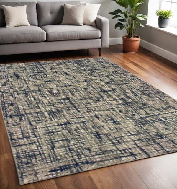 HomeRoots 5' Abstract Area Rug - Contemporary Distressed-Grid Design for Stylish Living Spaces and Durability Grey/ Navy 5'3" x 7'6" 388758