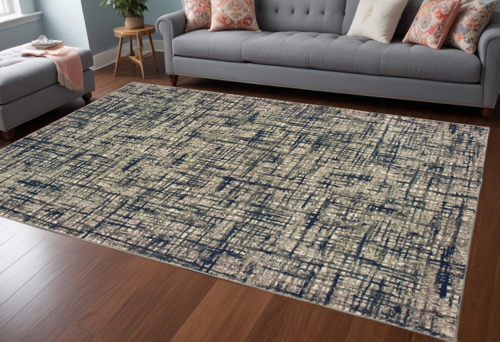 HomeRoots 5' Abstract Area Rug - Contemporary Distressed-Grid Design for Stylish Living Spaces and Durability Grey/ Navy 12' x 15' 388763