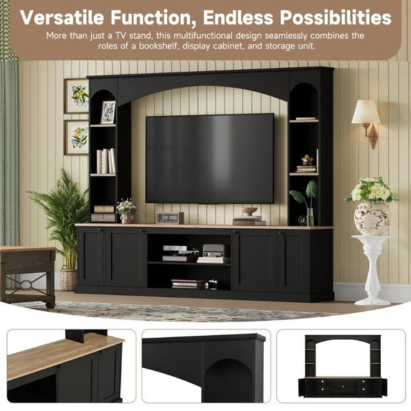 English Elm Arched Farmhouse Entertainment Center with Open Shelving for Living Room Black N721S000063B