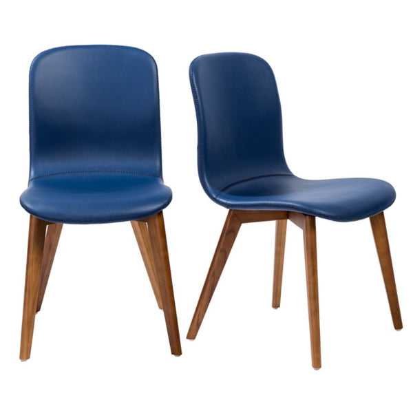 EuroStyle Mai Leatherette Dining Side Chairs with Walnut Ashwood Legs Mid-Century Set of 2 Blue 38880BLU-MP2