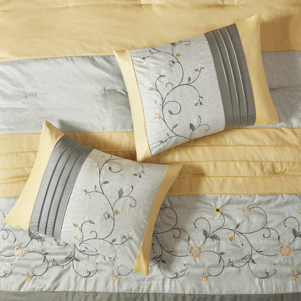 English Elm Embroidered 7-Piece Comforter Set - Luxurious Yellow & Grey King Bedding With Floral Elegance B03596981