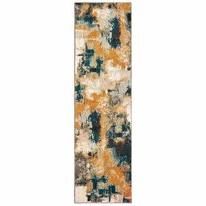 Homeroots 2' X 8' Blue And Gold Abstract Strokes Runner Rug  Nylon 388823