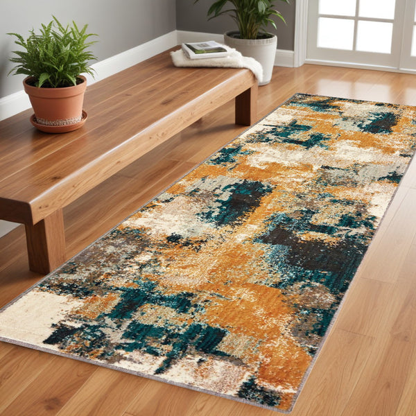 Homeroots 2' X 8' Blue And Gold Abstract Strokes Runner Rug  Nylon 388823