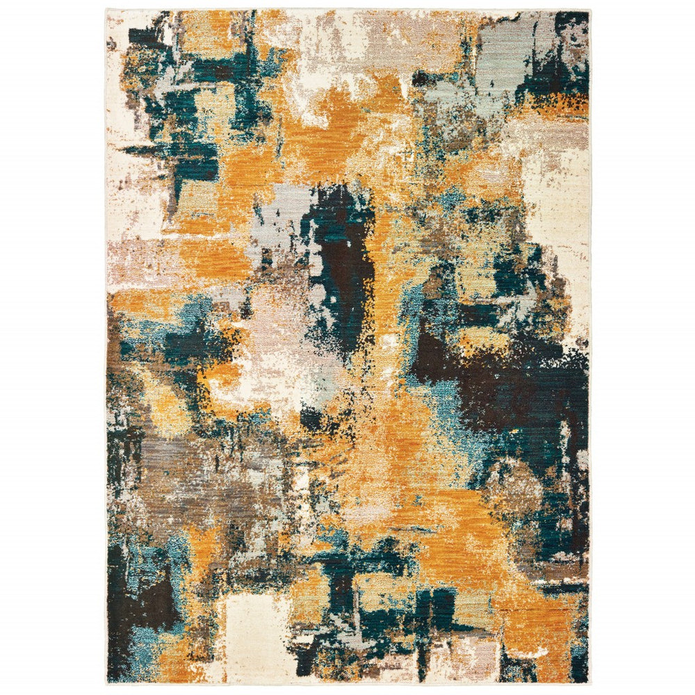 Homeroots 4' X 6' Blue And Gold Abstract Strokes Area Rug  Nylon 388824