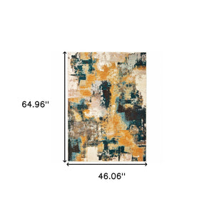 Homeroots 4' X 6' Blue And Gold Abstract Strokes Area Rug  Nylon 388824