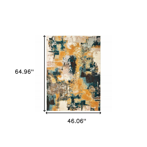 Homeroots 4' X 6' Blue And Gold Abstract Strokes Area Rug  Nylon 388824