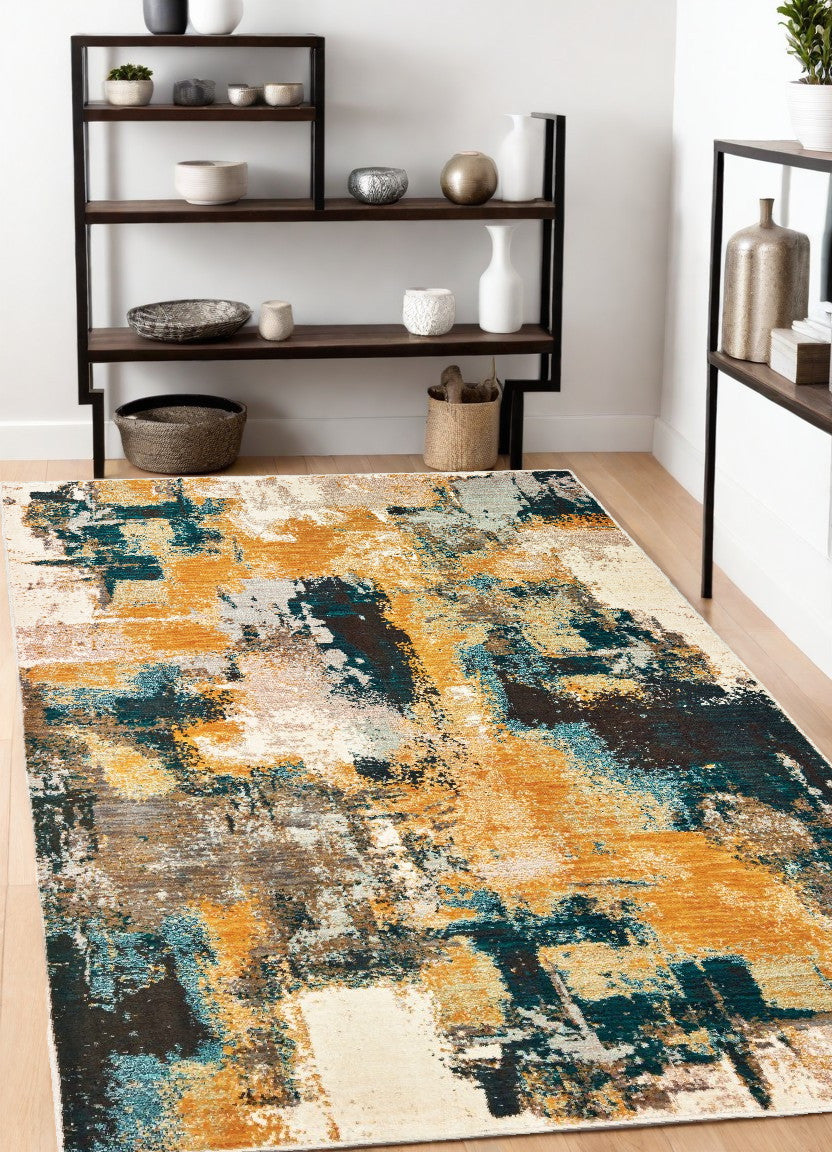 Homeroots 4' X 6' Blue And Gold Abstract Strokes Area Rug  Nylon 388824