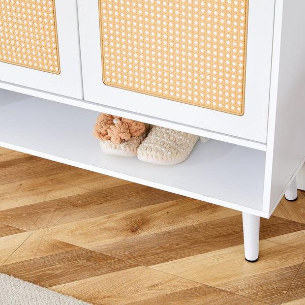 English Elm Modern white storage cabinet with vine rattan design, MDF shoe & bedside organizer, quick assembly, sleek decor W1151P151509