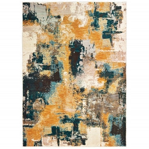 Homeroots 10' X 13' Blue And Gold Abstract Strokes Area Rug  Nylon 388828