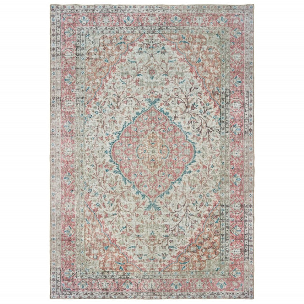 HomeRoots 8' Elegant Ivory and Pink Oriental Area Rug - Luxurious Plush Design for Timeless Home Decor Charm 7'6" x 9'11" 388837