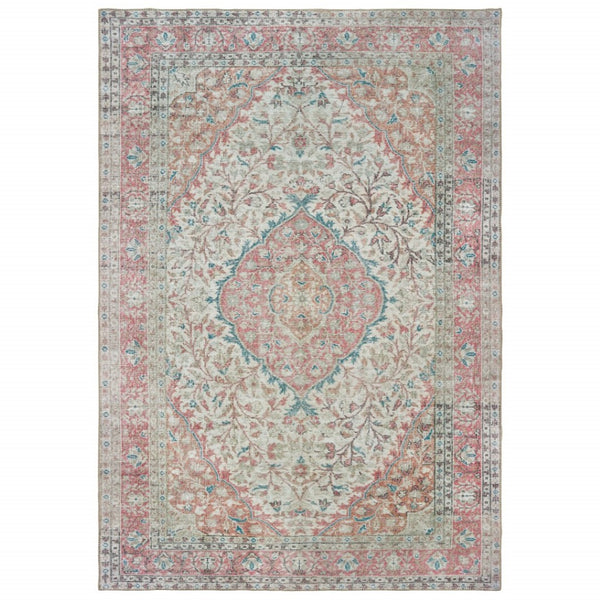 HomeRoots 8' Elegant Ivory and Pink Oriental Area Rug - Luxurious Plush Design for Timeless Home Decor Charm 7'6" x 9'11" 388837