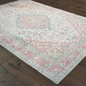 HomeRoots 8' Elegant Ivory and Pink Oriental Area Rug - Luxurious Plush Design for Timeless Home Decor Charm 7'6" x 9'11" 388837