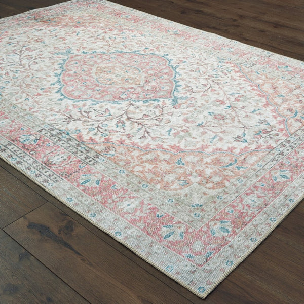 HomeRoots 8' Elegant Ivory and Pink Oriental Area Rug - Luxurious Plush Design for Timeless Home Decor Charm 7'6" x 9'11" 388837