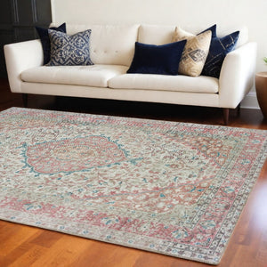 HomeRoots 8' Elegant Ivory and Pink Oriental Area Rug - Luxurious Plush Design for Timeless Home Decor Charm 7'6" x 9'11" 388837