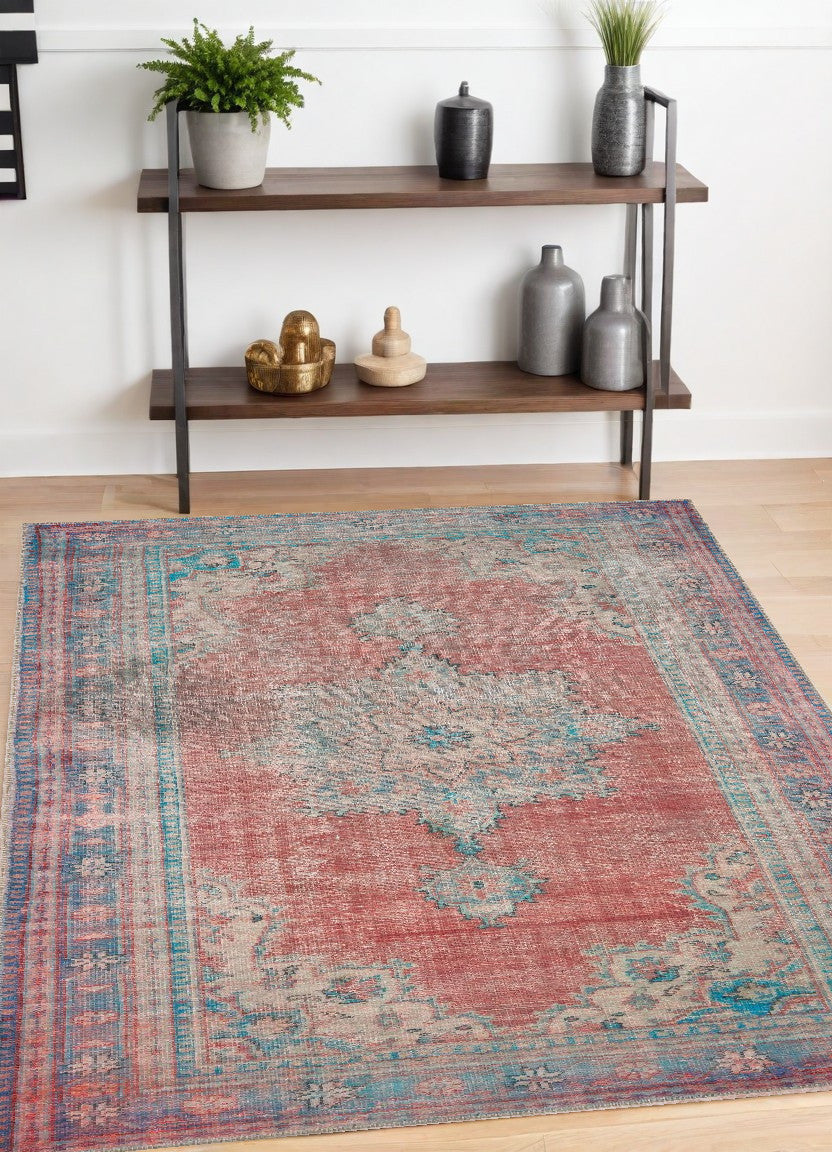 Homeroots 4' X 6' Red And Blue Oriental Area Rug  Polyester 388840