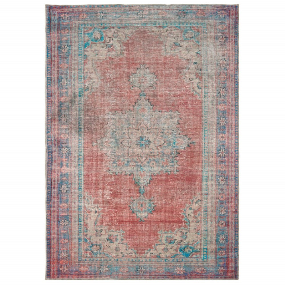 HomeRoots 5' Vintage Red and Blue Oriental Area Rug - Elegant Central Medallion, Durable, Stain Resistant Design 5' X 8' 388841