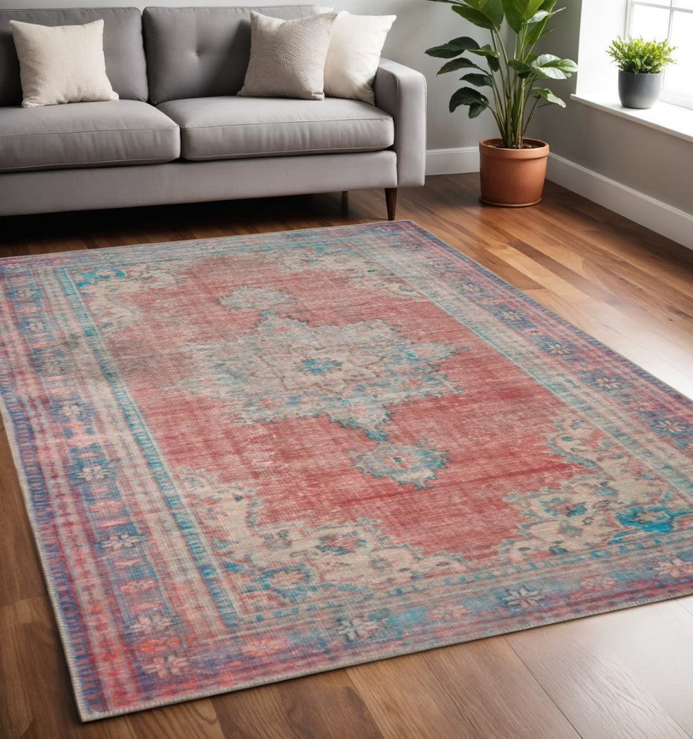 HomeRoots 5' Vintage Red and Blue Oriental Area Rug - Elegant Central Medallion, Durable, Stain Resistant Design 5' X 8' 388841