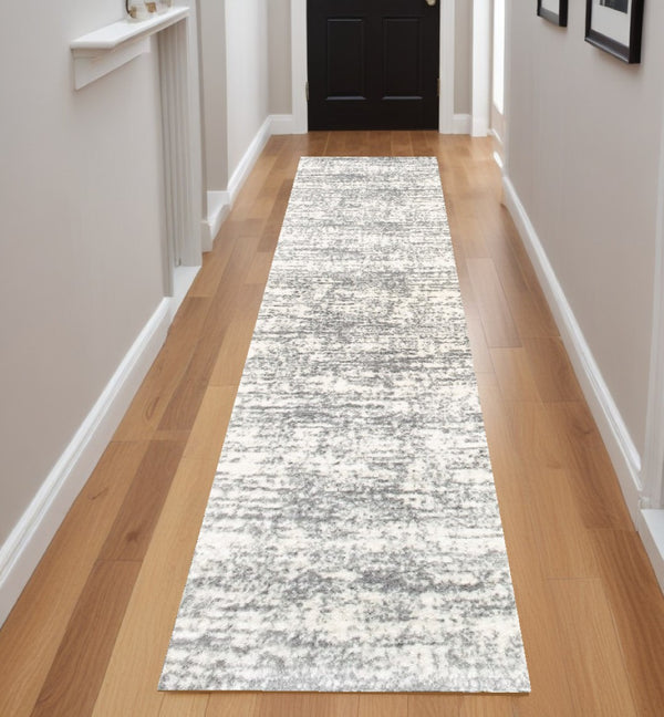 HomeRoots 2' X 8' Abstract Strokes Runner Rug - Contemporary Design for Hallways, Soft, Durable & Stylish Ivory/ Grey 2'3" x 7'6" 388850