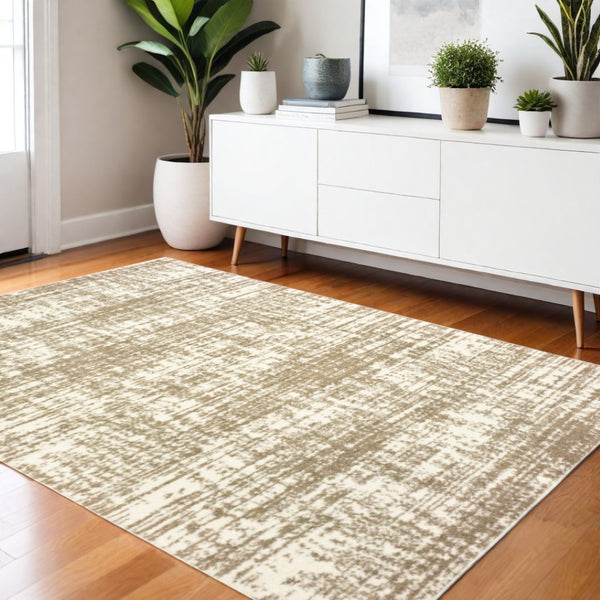 HomeRoots 2' X 8' Abstract Gray Strokes Runner Rug - Modern Elegance for Hallways, Durable & Easy Care Ivory/ Taupe 3'10" x 5'5" 388857
