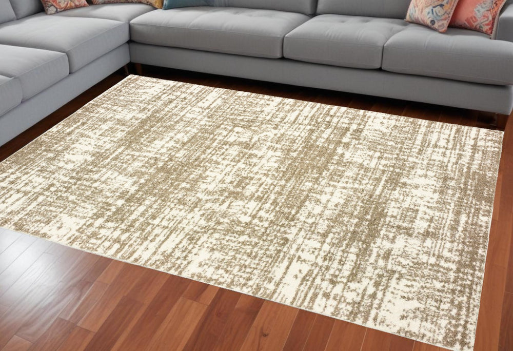 HomeRoots 2' X 8' Abstract Gray Strokes Runner Rug - Modern Elegance for Hallways, Durable & Easy Care Ivory/ Taupe 6'7" x 9'6" 388859