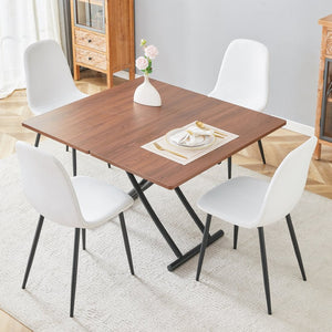 English Elm Table And Chair Set - Modern Adjustable Walnut Lift Table With 4 Soft Linen Dining Chairs, Stylish & Versatile W1151S03774-GIGA