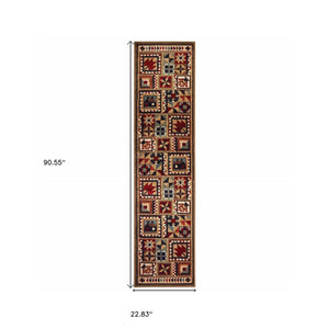 Homeroots 2' X 8' Brown And Red Ikat Patchwork Runner Rug  Polypropylene 388868