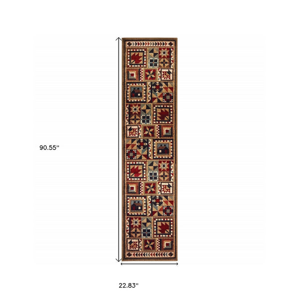 Homeroots 2' X 8' Brown And Red Ikat Patchwork Runner Rug  Polypropylene 388868