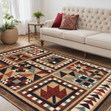 Homeroots 5' X 7' Brown And Red Ikat Patchwork Area Rug  Polypropylene 388870