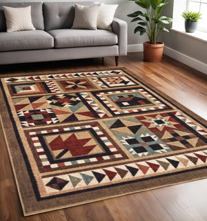 HomeRoots 5' Ikat Patchwork Area Rug in Brown and Red – Stylish Bohemian Design for Cozy Living Spaces 5'3" x 7'3" 388870